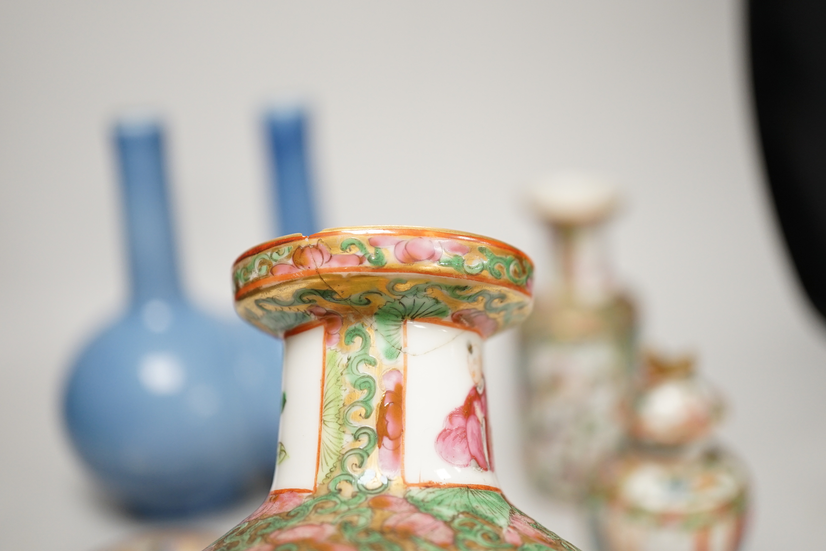 Chinese ceramics including a pair of Canton vases, baluster jar and cover and enamelled matchbox holder, the largest 24cm high